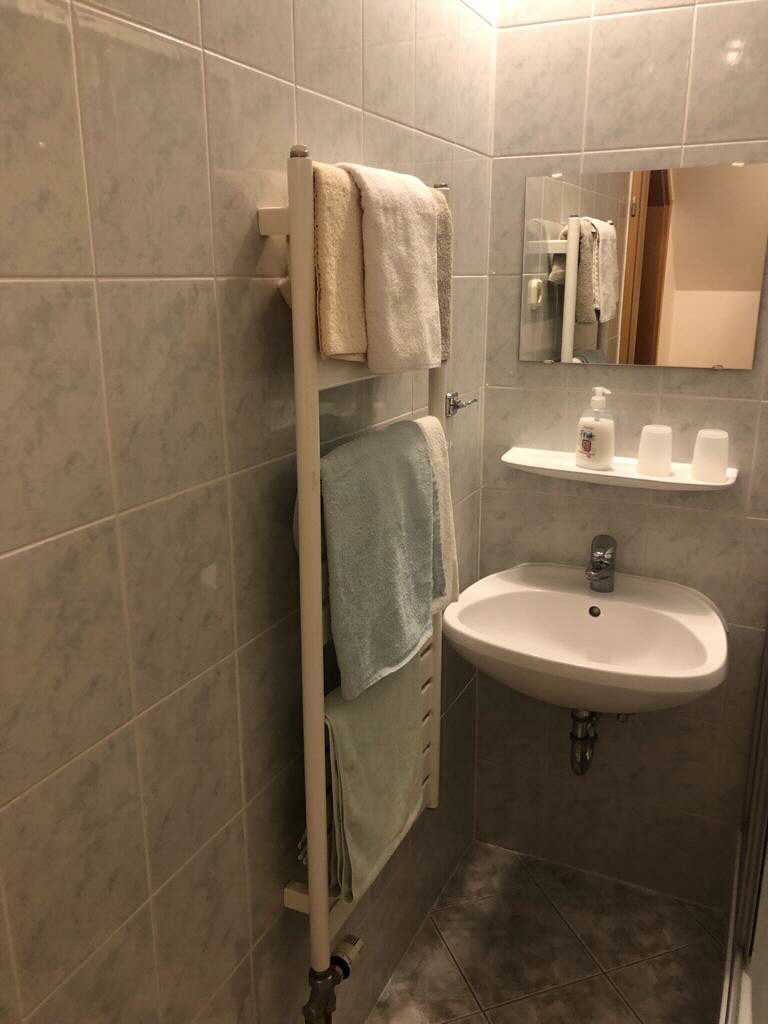 Handtücher und Duschtücher sind vorhanden.